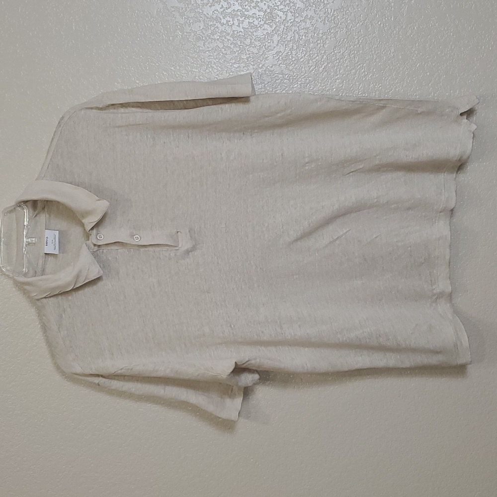 Mango Men's Oatmeal Linen Polo Shirt XL Slim Preppy Casual